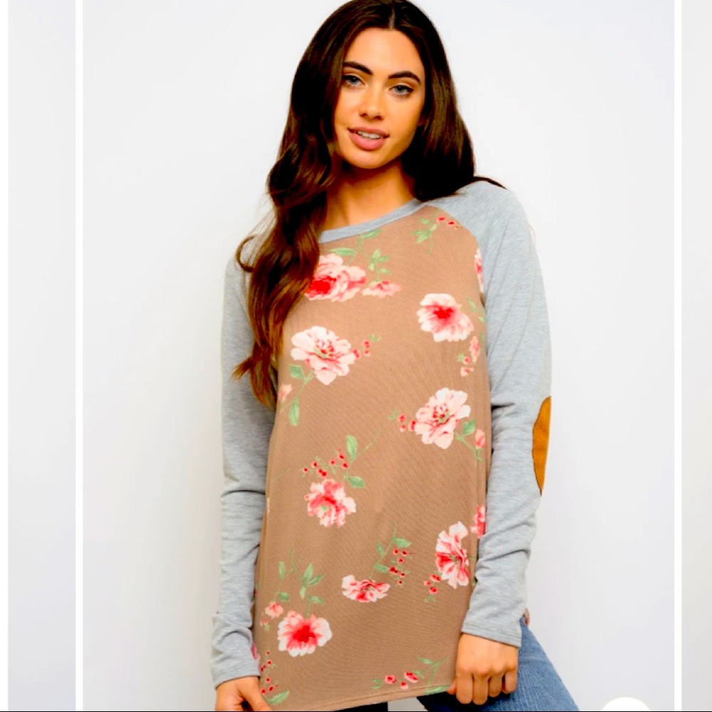 NWT First Look Women’s Floral Elbow Patches Long Sleeve Top Taupe